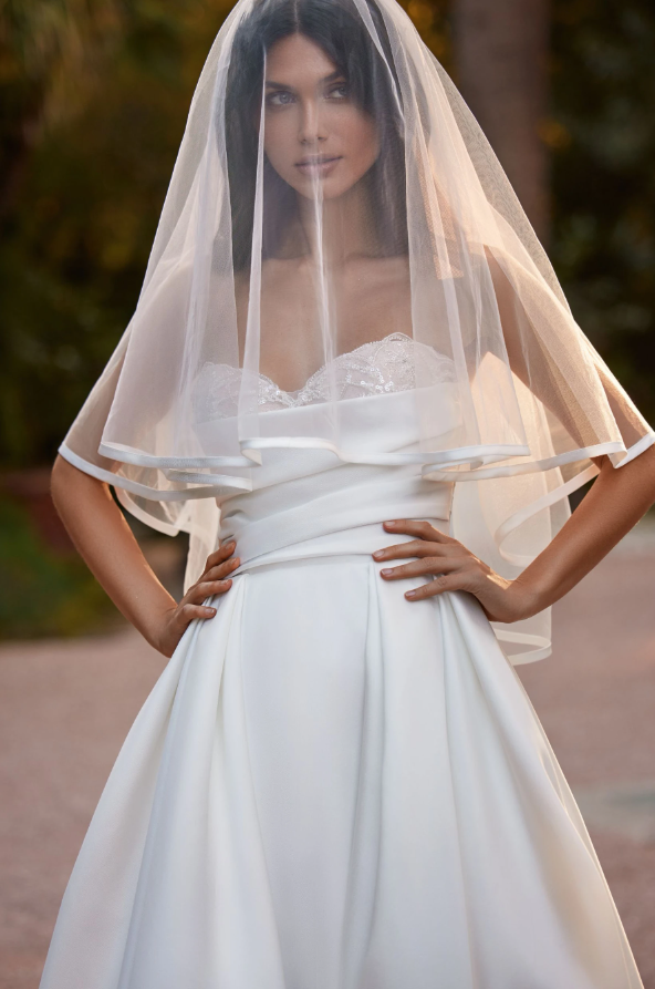 Meriann 3346 – Regal A-Line Mikado Wedding Dress with Lace Details & Optional Removable Sleeves